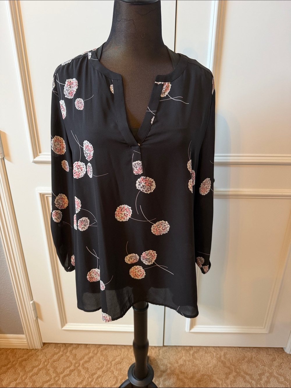 Daniel Rainn Black Floral Split V-Neck Blouse